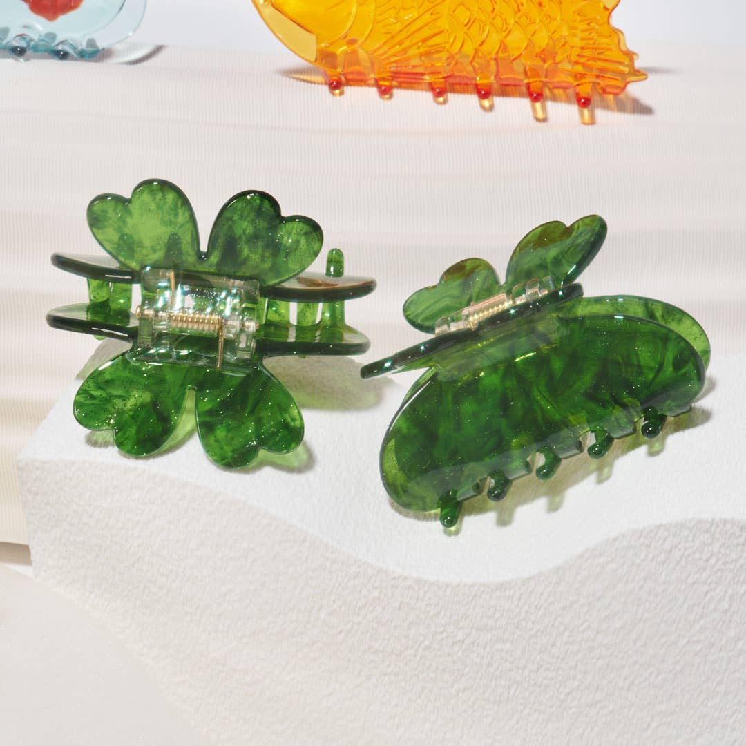 Lucky Four Leaf Clover Green Sparkle Acetate Hair Claw Clip
