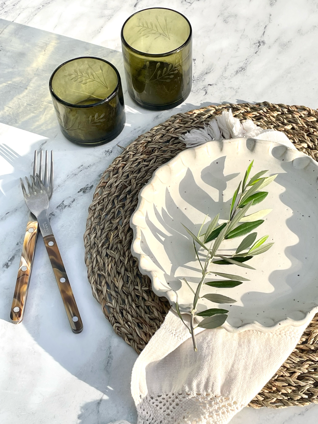 Hand-etched Blown Tumbler Glass, Olive Green