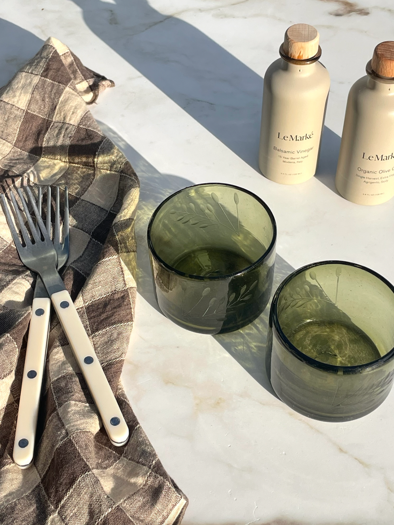 Hand-etched Blown Tumbler Glass, Olive Green