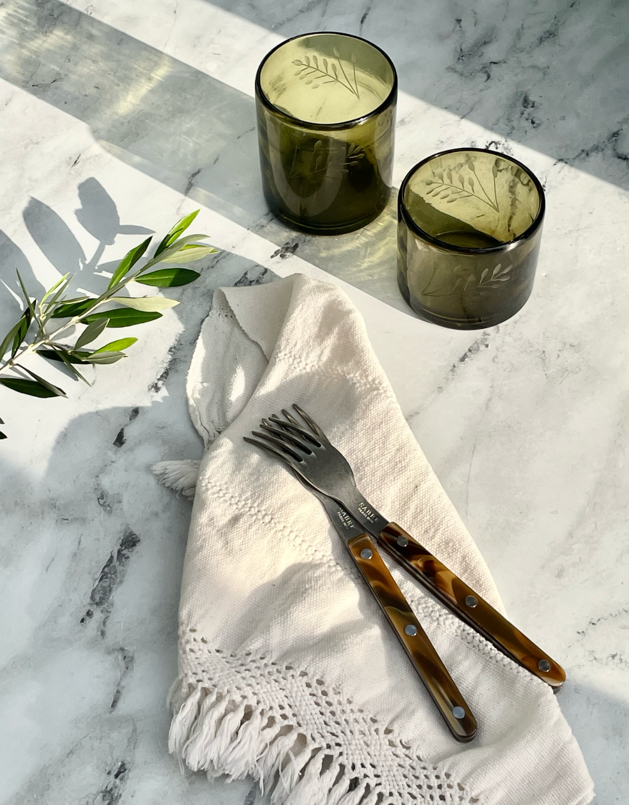 Hand-etched Blown Tumbler Glass, Olive Green